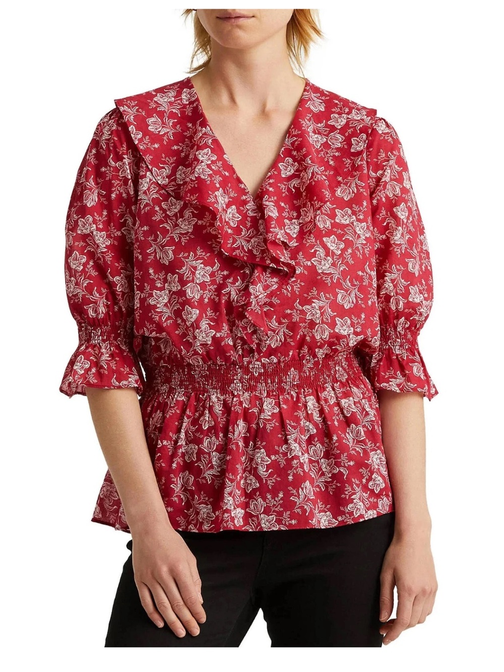 Lauren Ralph Lauren Red Floral Ruffle Peplum Blouse Smocked Waist Size Medium